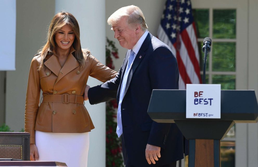 PHOTO: President Donald Trump stands next to first lady Melania Trump during an event where Melania Trump announced her initiatives in the Rose Garden of the White House, May 7, 2018.
