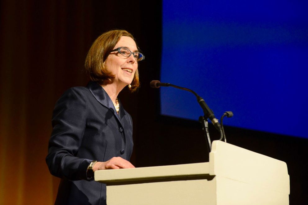 PHOTO: Oregon Governor Kate Brown speaks on stage at the Oregon Consular Corps Celebrate Trade Gala at the Portland Art Museum in Portland, Oregon, May 18, 2015. 