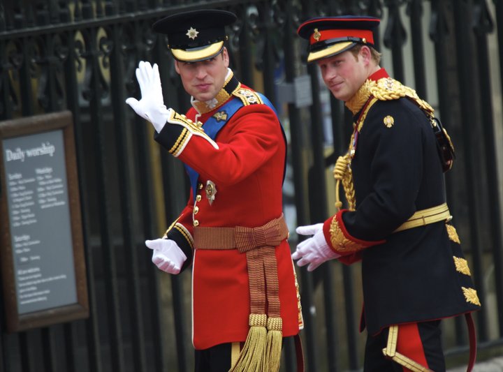 Prince William and Prince Harry arrive at Westminster Abbey on April 29, 2011.&nbsp;