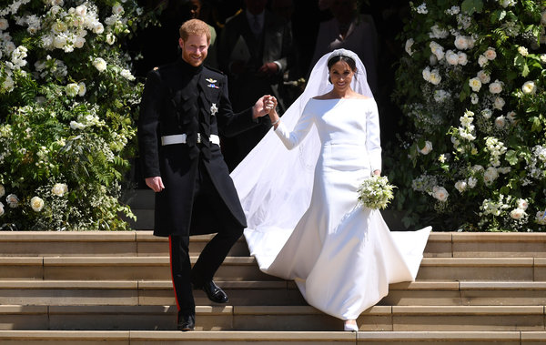 The Duke and Duchess of Sussex exiting St. George's Chapel in Windsor Castle.