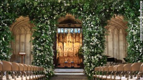 A view of the organ loft inside St George&#39;s Chapel, flooded with white flowers and greenery for the service. 