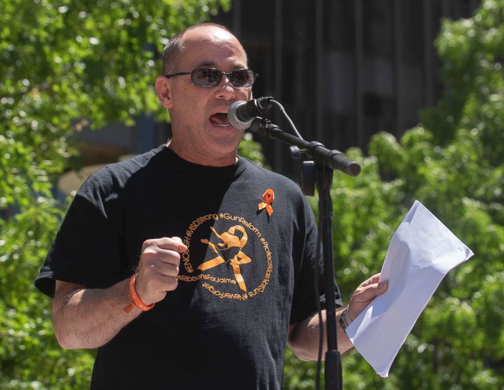 PHOTO: Fred Guttenberg, whos daughter was killed in the Parkland Fla. shooting, speaks during a protest against the National Rifle Association in Dallas, May 5, 2018.