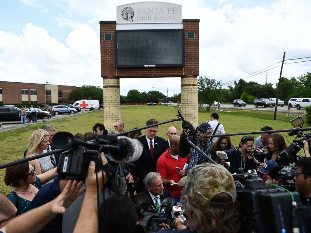 PHOTO: Texas Governor Greg Abbott speaks to the press on the grounds of Santa Fe High School, May, 20, 2018, in Santa Fe, Texas.