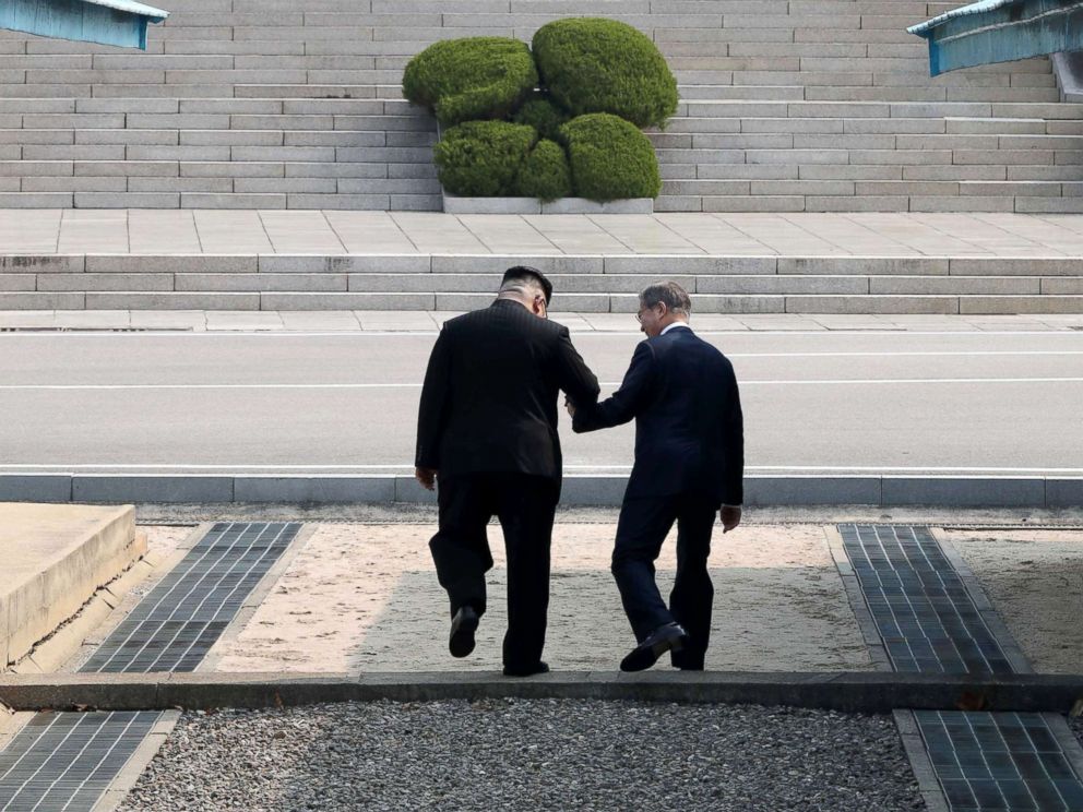 PHOTO: North Korean leader Kim Jong Un and South Korean President Moon Jae-in meet in the truce village of Panmunjom inside the demilitarized zone separating the two Koreas, South Korea, April 27, 2018. 