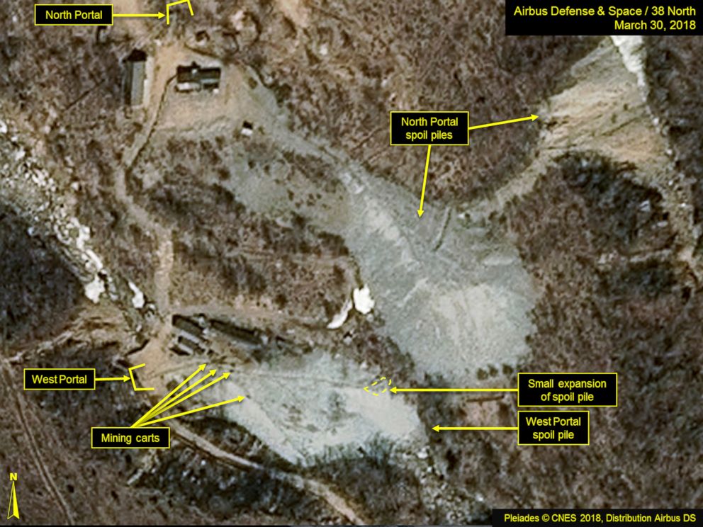 This satellite image released and notated by Airbus Defense & Space and 38 North on March 30, 2018, shows the Punggye-ri nuclear test site in North Korea.