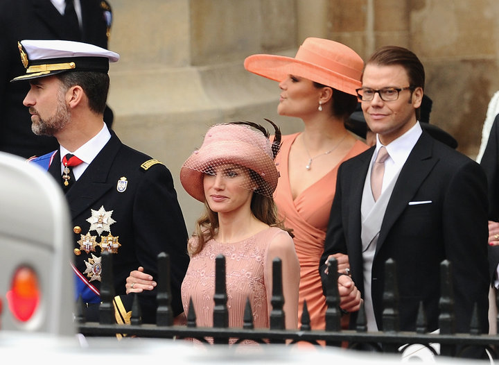 Then-Prince Felipe and then-Princess Letizia of Spain (now the king and queen) and Crown Princess Victoria and Prince Daniel 