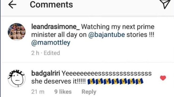 Singer Rihanna appears to endorse Mottley's candidacy on Instagram.