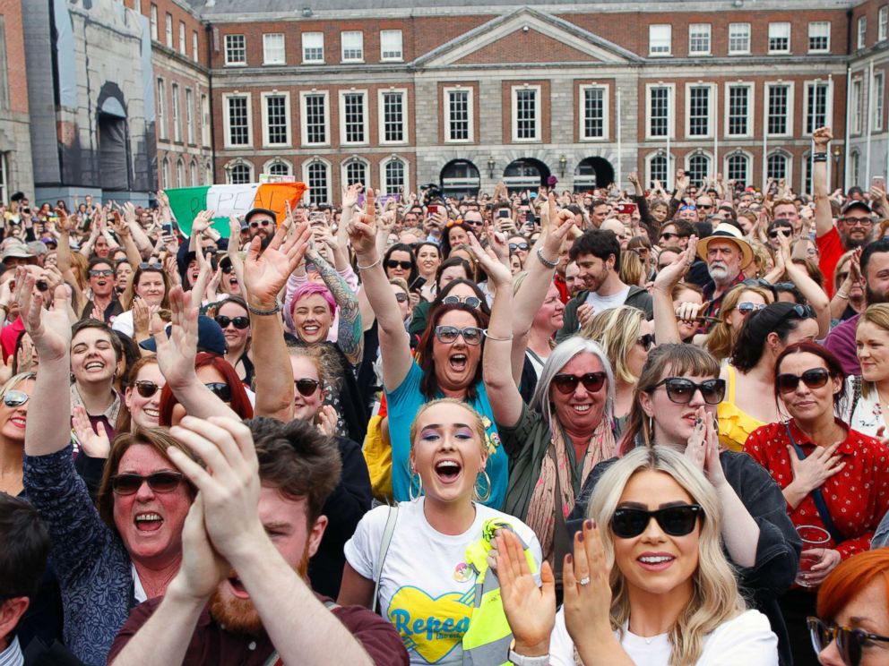 PHOTO: People from the Yes campaign react as the results of the votes begin to come in the Irish referendum on the 8th Amendment of the Irish Constitution at Dublin Castle, in Dublin, Ireland, May 26, 2018.