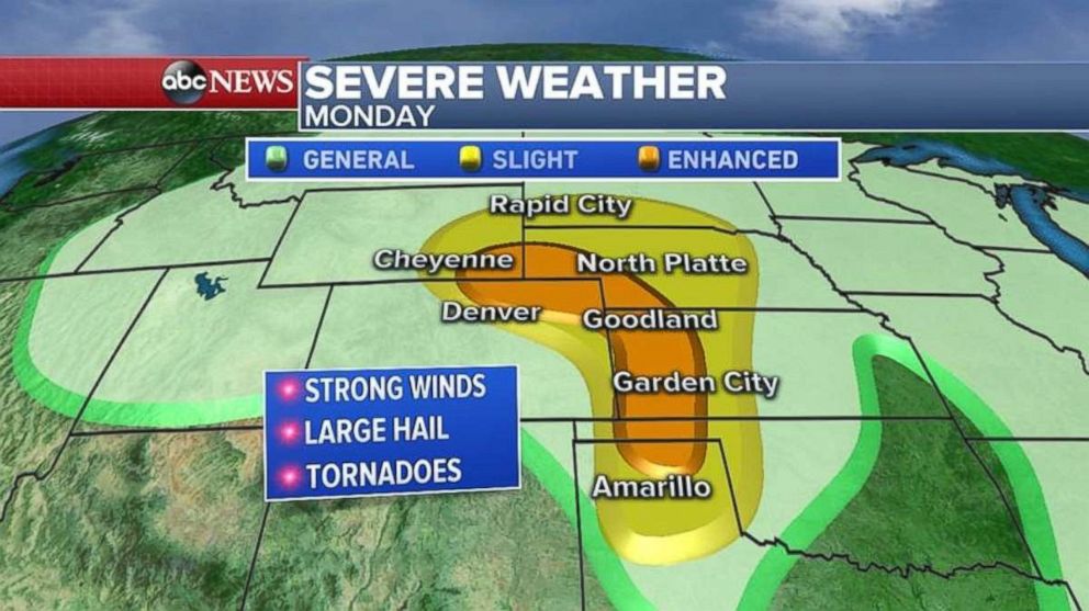 Strong winds, hail and tornadoes are possible in the Great Plains on Monday.