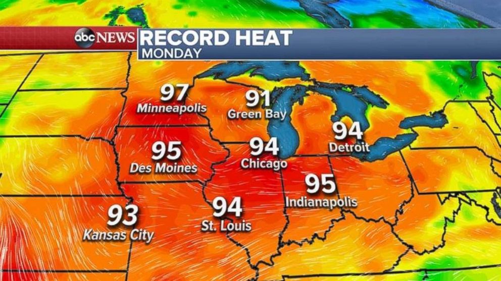More record temperatures could fall in the Midwest and Great Lakes on Monday.