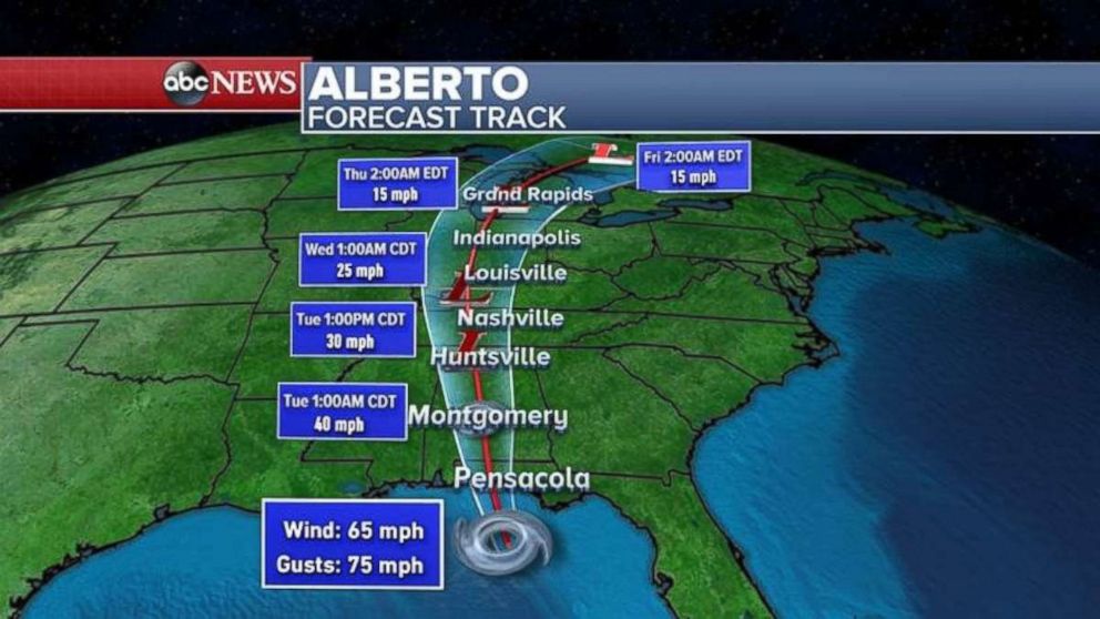 The current track shows Alberto making landfall near Pensacola, Florida, on Monday.