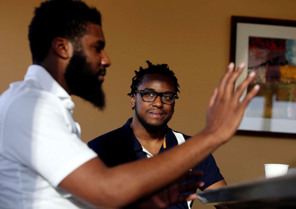 PHOTO: Rashon Nelson, left, and Donte Robinson are interviewed by The Associated Press in Philadelphia. 