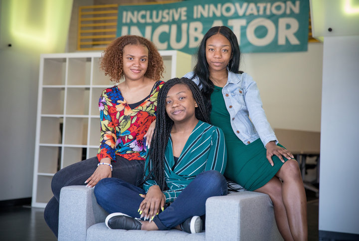 India Skinner, Mikayla Sharrieff, and Bria Snell, 11th graders from Banneker High School in Washington, D.C., are finalists i