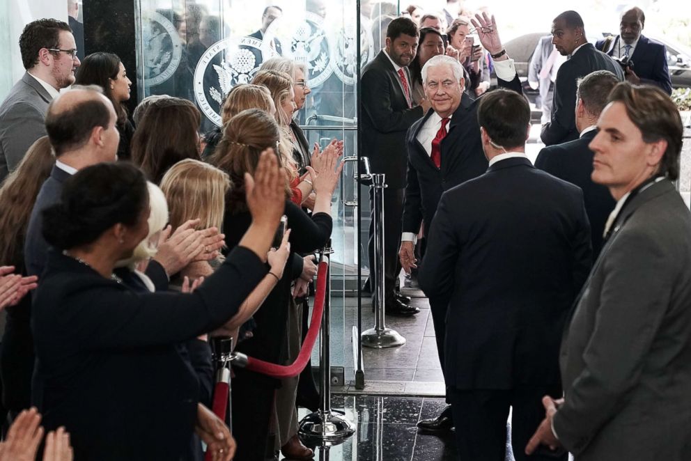 PHOTO: Outgoing U.S. Secretary of State Rex Tillerson waves to State Department employees before his departure on March 22, 2018, at the State Department in Washington, D.C. 