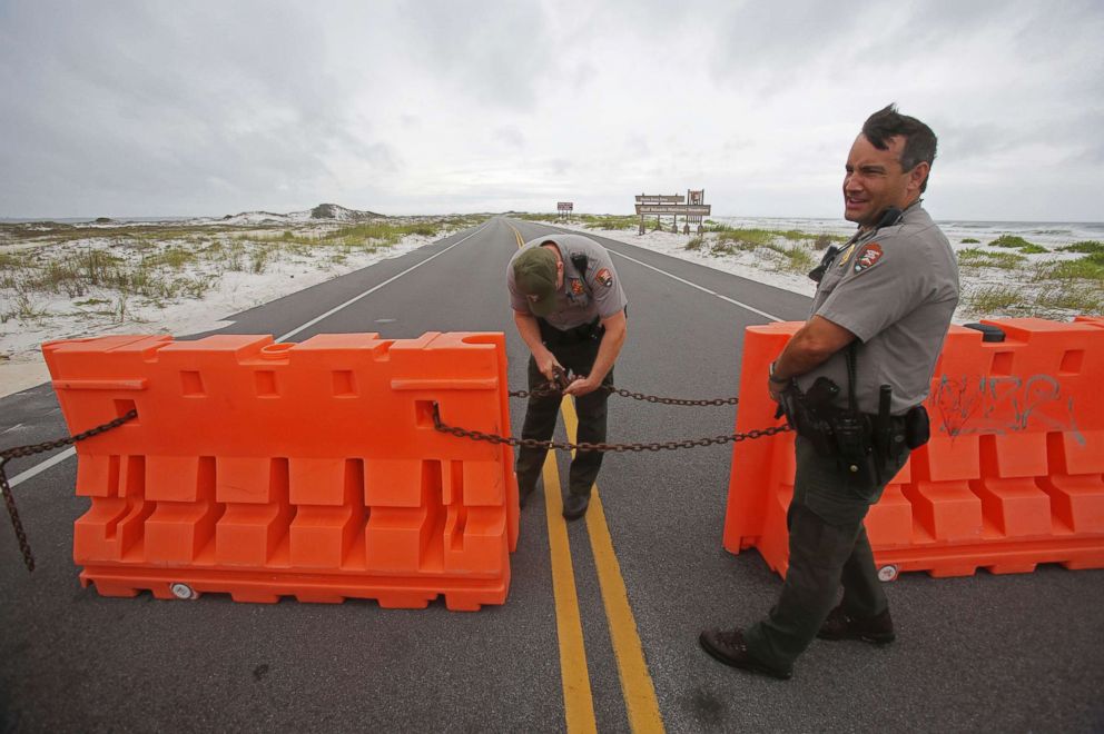 PHOTO: Rangers with the the National Park Service close off the Highway 399 through Gulf Islands National Seashore as a subtropical storm makes landfall, May 28, 2018 in Pensacola, Fla.