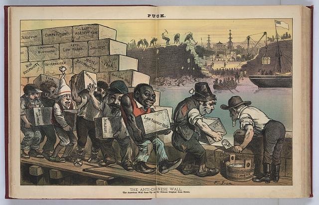 &ldquo;The Anti-Chinese Wall,&rdquo; an 1882 political cartoon from &ldquo;The Puck&rdquo; magazine, which reads: &ldquo;The 