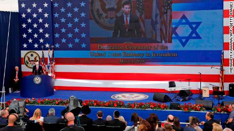 Kushner delivers a speech during the opening of the US Embassy in Jerusalem on Monday. 