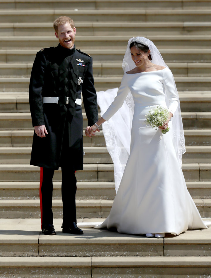 Prince Harry and Meghan Markle&nbsp;outside St. George&rsquo;s Chapel&nbsp;at Windsor Castle in England after their wedding, 