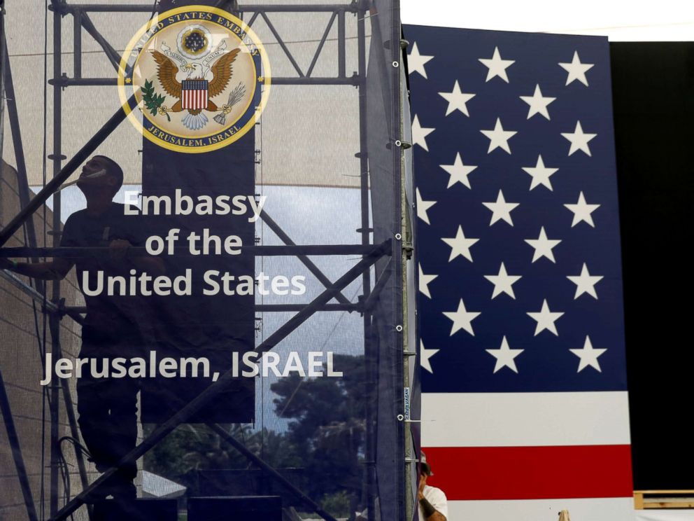PHOTO: A worker is seen inside the new U.S. embassy compound during preparations for its opening ceremony, in Jerusalem, May 13, 2018. 