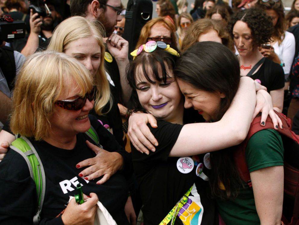 PHOTO: People from the Yes campaign react as the results of the votes begin to come in, after the Irish referendum on the 8th Amendment of the Irish Constitution at Dublin Castle, in Dublin, Ireland, May 26, 2018.