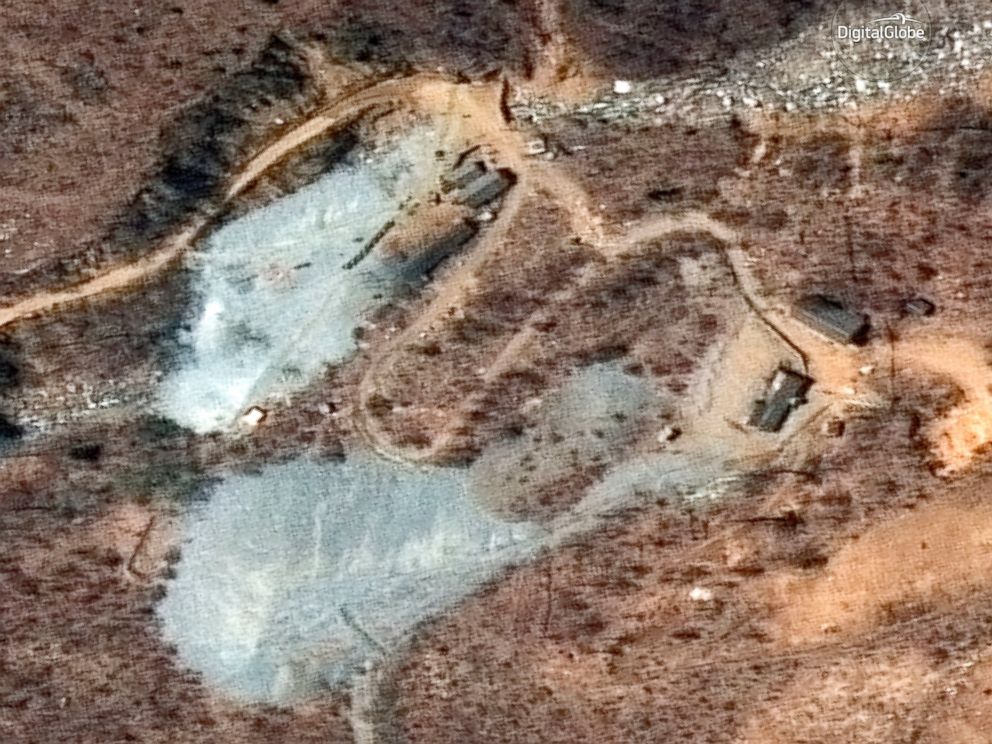 This April 20, 2018, satellite image provided by DigitalGlobe shows the nuclear test site in Punggye-ri, North Korea. Foreign journalists will journey into the mountains of North Korea this week to observe the closing of the country’s nuclear test si