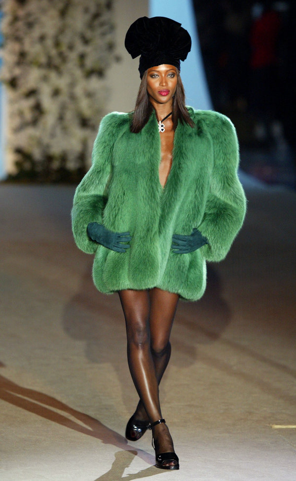 Walking the runway for a Yves Saint Laurent show in Paris, during a retrospective for the designer.