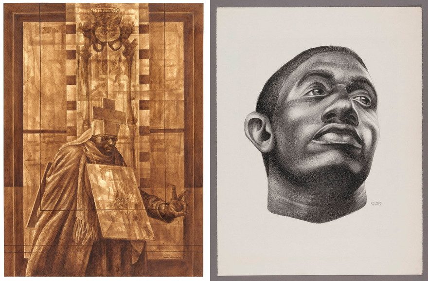 Left Charles White - Black Pope (Sandwich Board Man), 1973 and Gideon, 1951