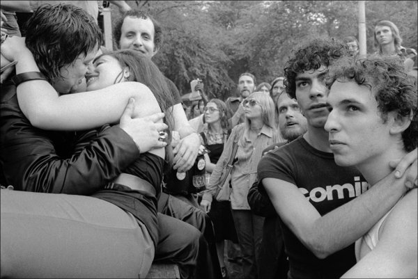 Couples embrace and kiss in Central Park after a gay Pride parade, New York, New York, June 26, 1975.