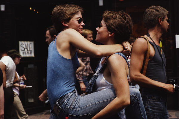 Two women embrace during the gay Pride parade in New York City,&nbsp;June 1982.