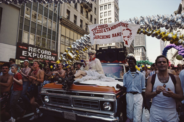 Dancing on the street during the gay Pride parade in New York City, June 1986.