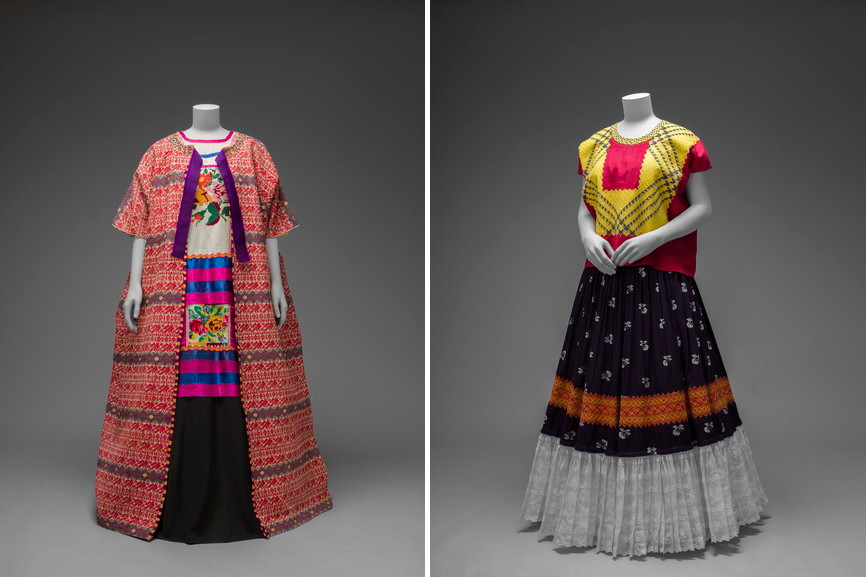 Left Guatemalan cotton coat worn with Mazatec huipil and plain floor-length skirt Right Cotton huipil with machine-embroidered chain stitch