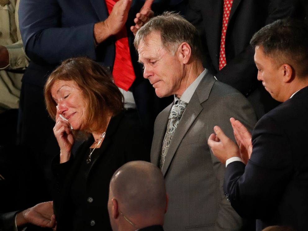 PHOTO: The parents of Otto Warmbier react to a standing ovation during State of the Union address to a joint session of Congress on Capitol Hill in Washington, Jan. 30, 2018.