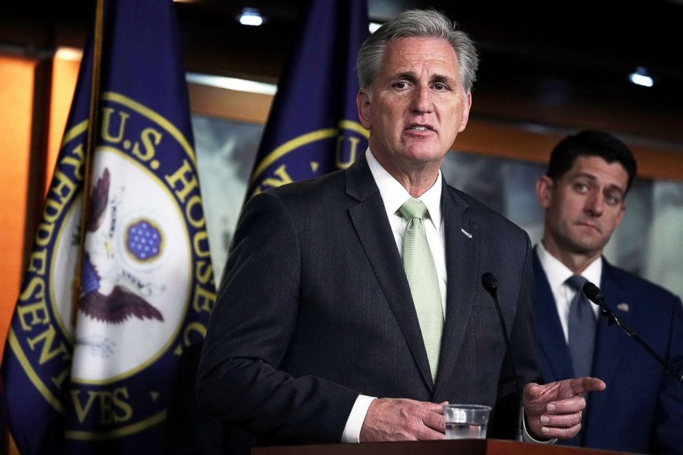 PHOTO: U.S. House Majority Leader Rep. Kevin McCarthy (L) speaks as Speaker of the House Rep. Paul Ryan listens during a news conference on June 20, 2018, on Capitol Hill in Washington, D.C.