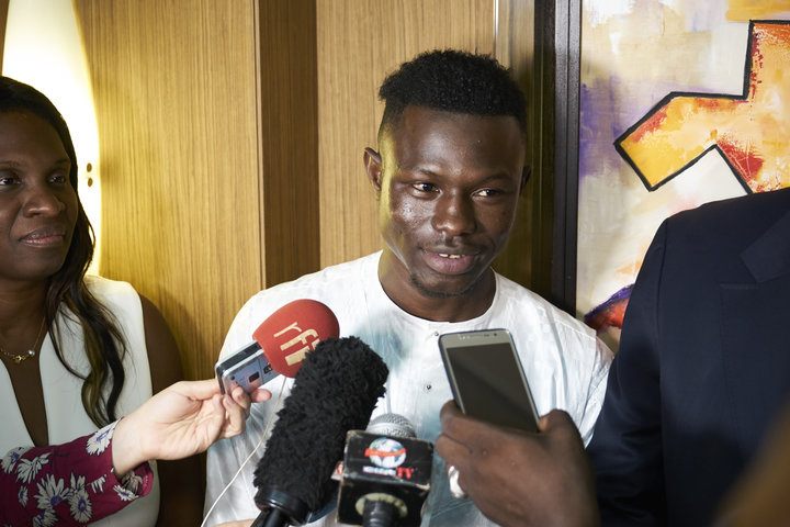 Mamoudou Gassama talks to media during a meeting with Mali's president on June 18.