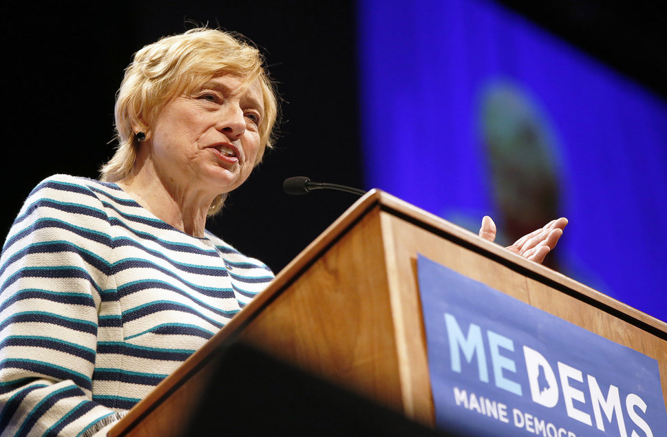 Janet Mills speaks at the biannual Democratic state convention in Lewiston, Maine.
