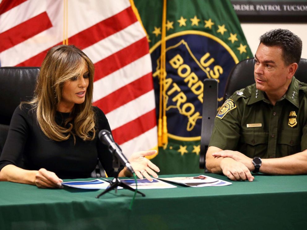 PHOTO: First lady Melania Trump looks at photos of an abandoned 6-year-old Costa Rican boy found in the desert recently during visit to the Tucson Sector office of the U.S. Customs and Border Protection.