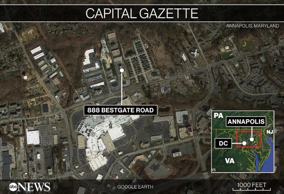PHOTO: Map locating Annapolis, Maryland and the building where a shooting occurred on June 28, 2018.