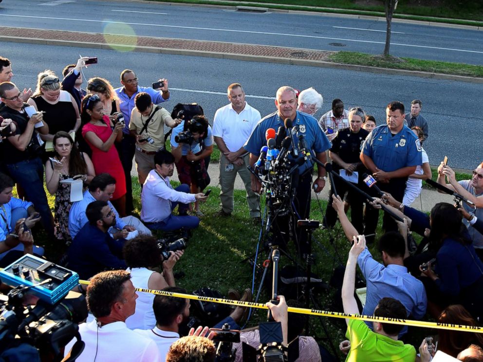 PHOTO: A police officer speaks to the media near the scene of a mass shooting in Annapolis, Maryland, June 28, 2018.