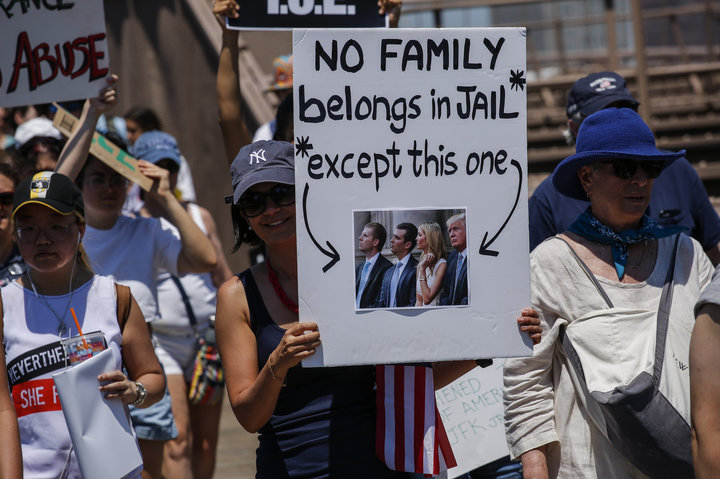 NEW YORK, NY - JUNE 30: People take part during the nationwide 'Families Belong Together' march as they walk by the Brooklyn 
