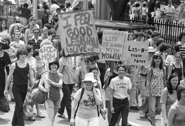View of the large crowd, some of whom are holding up handmade signs and banners, participating in a gay and lesbian Pride par