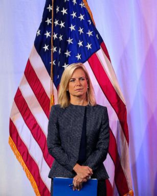 PHOTO: Secretary of Homeland Security Kirstjen Nielsen stands onstage as she is introduced to speak at the National Sheriffs Association convention in New Orleans, June 18, 2018.