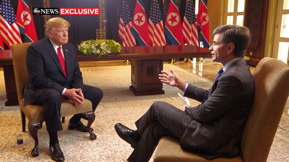 PHOTO: President Donald Trump sits with ABC News George Stephanopoulos after a historic summit with North Koreas Kim Jong Un at the Capella Hotel on Sentosa island in Singapore, June 12, 2018.