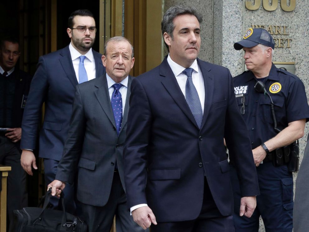 PHOTO: President Donald Trumps personal attorney Michael Cohen, right, leaves Federal Court, in New York, May 30, 2018, followed by members of his legal team.