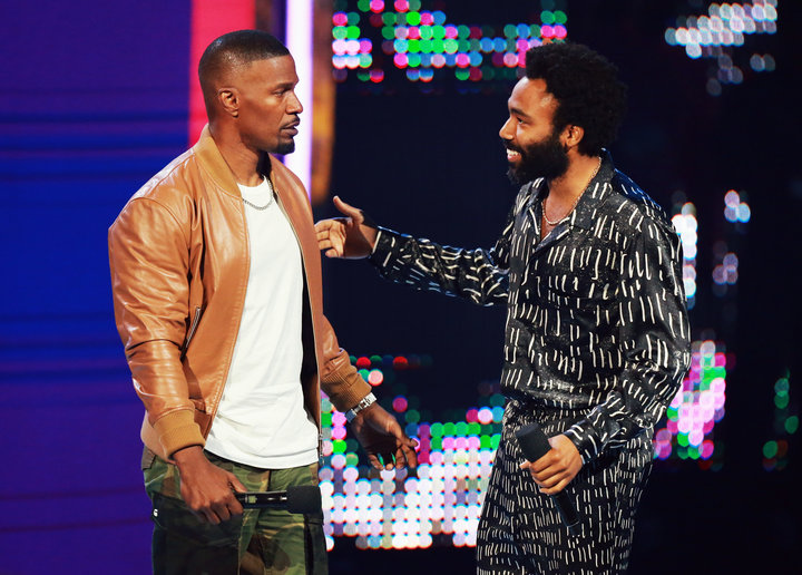 Host Jamie Foxx and Donald Glover onstage at the BET Awards.