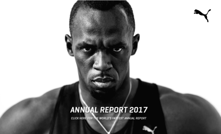 Usain Bolt on the cover of Puma&rsquo;s 2017 annual report.&nbsp;