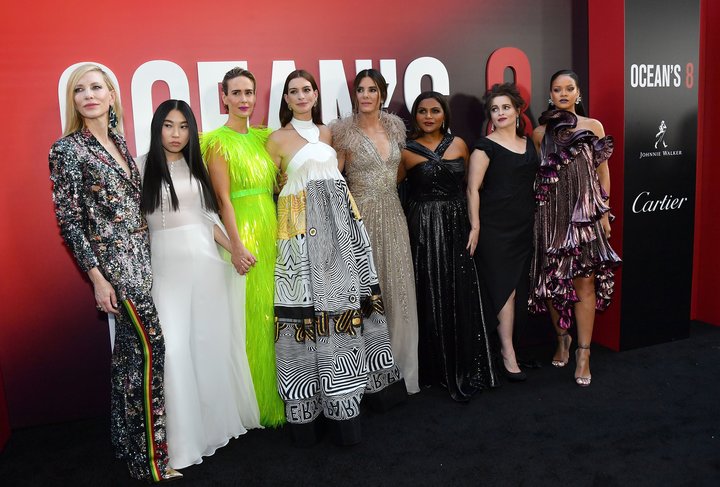 From left, Cate Blanchett, Awkwafina, Sarah Paulson, Anne Hathaway, Sandra Bullock, Mindy Kaling, Helena Bonham Carter and Ri