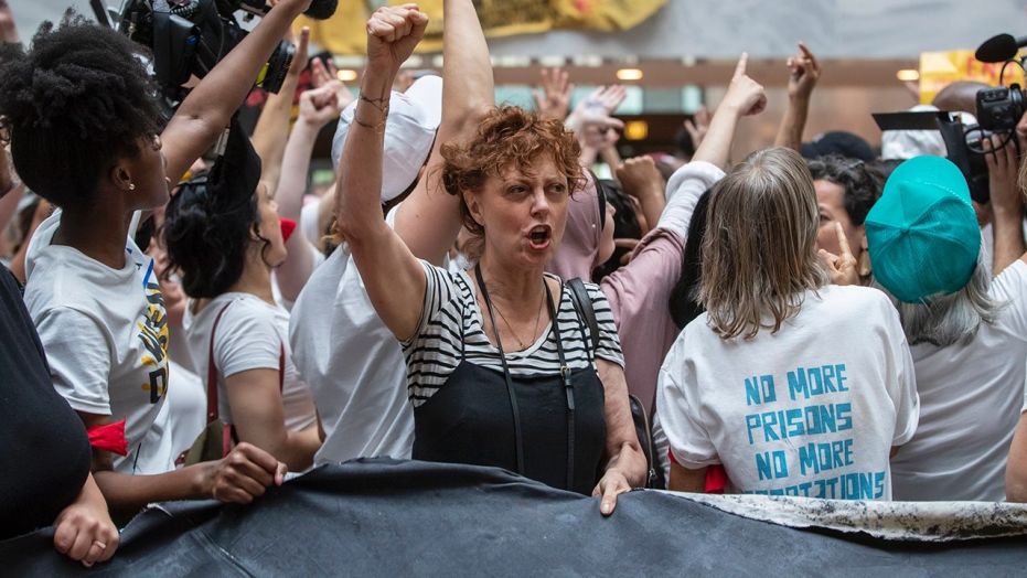 Hundreds of activists, including actress Susan Sarandon, center, protest the Trump administration's approach to illegal border crossings and separation of children from immigrant parents, in the Hart Senate Office Building on Capitol Hill in Washington, Thursday, June 28, 2018.