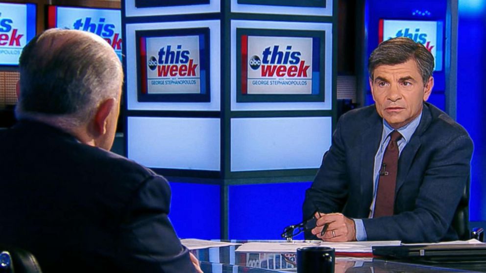 PHOTO: ABC News Chief Anchor George Stephanopoulos interviews Rudy Giuliani on This Week, June 3, 2018.