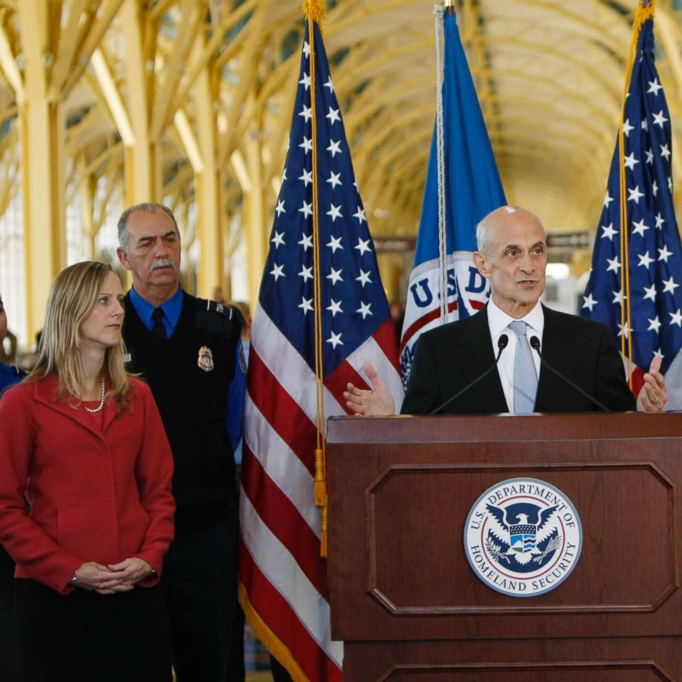 PHOTO: Homeland Security Director Michael Chertoff during a news conference at Washingtons Ronald Reagan National Airport, Oct. 22, 2008, with Deputy Assistant Secretary for Policy Kathy Kraninger, left.