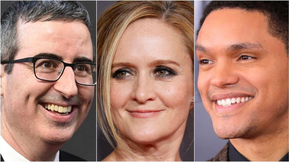 Late-night hosts John Oliver, left, Samantha Bee and Trevor Noah bring outsiders' perspectives to the United States.